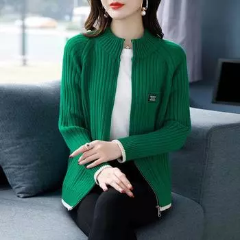 Осень-зима новый вязаный свитер женский кардиган толстый тонкий воротник стойка молния кардиган куртка женский повседневный трикотаж топ S зелёный