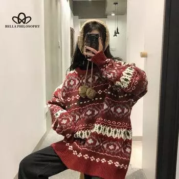 Осень-зима, новый жаккардовый рождественский свитер вишневого красного цвета, женский свободный верхний пуловер, красный свитер one size красный