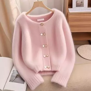 Осень-зима новый женский кардиган свитер женская мода повседневный розовый круглый вырез свободный трикотаж женский свитер женский топ L розовый
