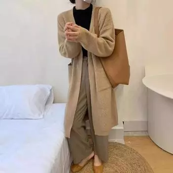 Осень-зима Новый женский модный повседневный вязаный кардиган корейский стиль свободный однотонный кожаный сращивающийся длинный рукав свитер One size белый