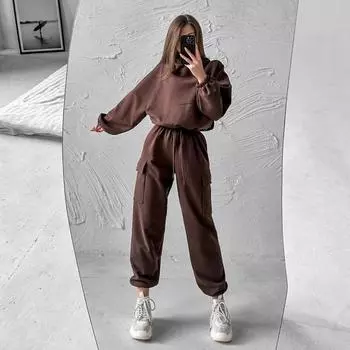 Осень-зима, новый женский модный топ с капюшоном и карманами, длинный рукав, эластичный пояс, спортивные свободные рабочие брюки, комплект с капюшоном S чёрный