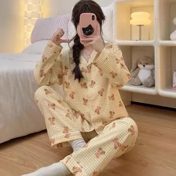 Осень-зима Новый женский пижамный комплект с принтом медведя Французский повседневный милый пижамный комплект с длинными рукавами из мультфильма Пижама M бежевый