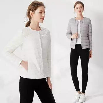 Осень-зима, новый женский пуховик с круглым вырезом, короткая, легкая и теплая, без воротника, зимняя куртка большого размера S белый