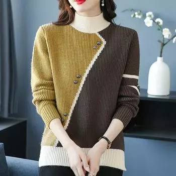 Осень-зима Новый женский вязаный пуловер женский свитер с короткими рукавами и цветовым сочетанием, рубашка с длинными рукавами, модные свободные теплые толстые топы S