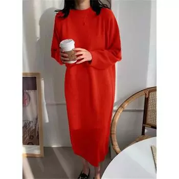 Осень-зима О-образный вырез Повседневный свободный трикотажный платье Женский прямой длинный рукав свитер большого размера Женское длинное платье One Size красный