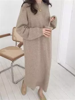 Осень-зима О-образный вырез Повседневный свободный трикотажный платье Женский прямой длинный рукав свитер большого размера Женское длинное платье One Size чёрный