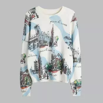 Осень-зима О-образный вырез трикотажный принт свитер пуловер топы женские модные длинные рукава джемперы One Size