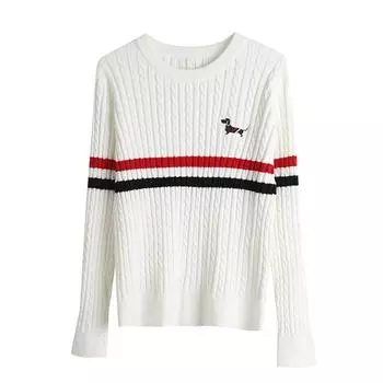Осень-зима О-образный вырез трикотажный свитер с переплетением пуловер вышивка женские модные полосатые джемперы с длинным рукавом One Size белый