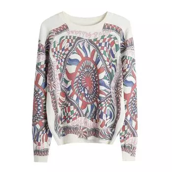 Осень-зима О-образный вырез Вязаный дизайнерский принт свитер пуловер Топы Женская мода Длинные рукава Джемперы One Size розовый