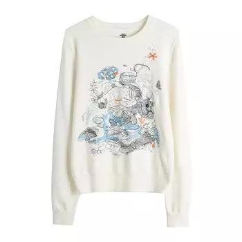 Осень-зима О-образный вырез Вязаный свитер с пуговицей Пуловер Вышитый цветок Женская мода Длинные рукава Джемперы One Size белый