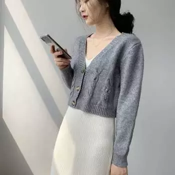 Осень-зима облегающий женский кардиган свитер с длинным рукавом V-образным вырезом однобортный укороченный вязаный кардиган женский элегантный трикотаж с длинным рукавом 30986 One Size серый