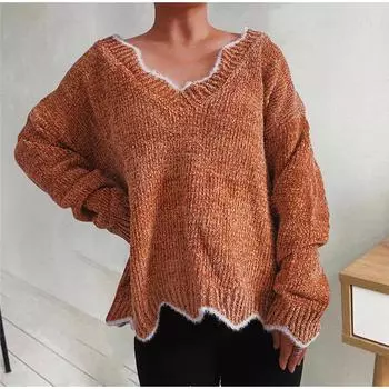 Осень-зима оборчатый воротник вязаный женский свитер повседневный свободный однотонный большой толстый пуловер S хаки