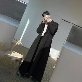 Осень-зима очень длинное теплое черное свободное повседневное шерстяное пальто длиной до пола для мужчин корейская мода S чёрный