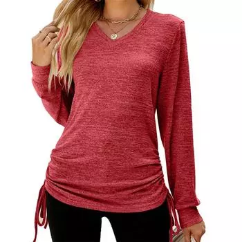 Осень-зима, однотонная плиссированная свободная футболка с длинными рукавами и v-образным вырезом, топ с завязками сбоку для женщин S чёрный