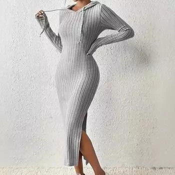 Осень-зима однотонное длинное платье с капюшоном и длинными рукавами макси женское повседневное обтягивающее эластичное тонкое прямое трикотажное платье с разрезом по бокам vestidos S