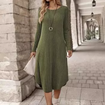Осень-зима однотонное длинное платье с круглым вырезом и длинным рукавом женское повседневное обтягивающее эластичное нерегулярное свободное прямое трикотажное платье мода S