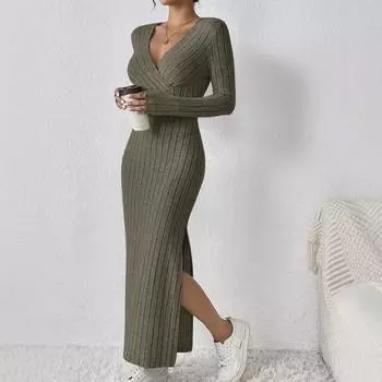Осень-зима однотонное длинное сексуальное платье макси с глубоким V-образным вырезом женское элегантное облегающее прямое трикотажное платье с разрезом сбоку одежда S