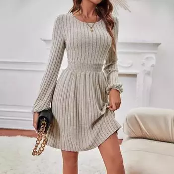 осень зима однотонное мини-платье с длинным рукавом и круглым вырезом для женщин элегантное облегающее эластичное трикотажное платье А-силуэта модная уличная одежда S