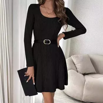 осень-зима однотонное мини-платье с длинным рукавом и круглым вырезом для женщин элегантное облегающее эластичное трикотажное платье для офиса черное платье для леди S чёрный
