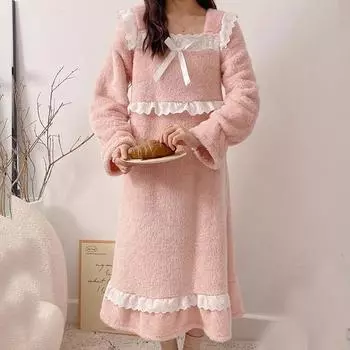 Осень-зима Однотонные кружевные ночные рубашки и пижамы Теплая фланелевая ночная рубашка с длинным рукавом для молодых женщин Домашняя одежда M