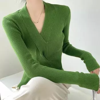 Осень-зима однотонные трикотажные топы женские пуловеры свитера модные женские с длинным рукавом обтягивающие эластичные повседневные сексуальные V-образный вырез крест-накрест трикотажные рубашки one size чёрный