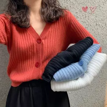 Осень-зима однотонный кардиган с V-образным вырезом для женщин с длинным рукавом, вязаный свитер, пальто, корейская мода, розовый цвет, куртка, кардиган one size чёрный
