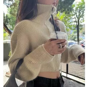 Осень-зима, однотонный свободный кардиган, модная водолазка на молнии, короткий свитер, куртка, повседневные вязаные джемперы с длинными рукавами, топы 28644 One Size абрикосовый