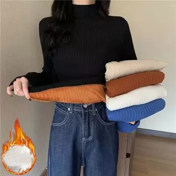 осень зима однотонный утолщенный бархатный свитер с высоким воротом модный теплый свитер женский вязаный пуловер тонкий y2k топы трикотаж джемпер One Size