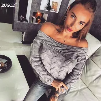 Осень-зима однотонный вязаный свитер для женщин сексуальный пуловер с открытыми плечами женский вязаный крючком трикотаж с длинным рукавом Джерси Femme M белый