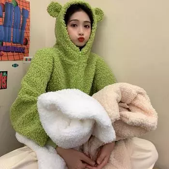 Осень-зима овечья шерсть толстовка с капюшоном на молнии кардиган куртка женская утолщенная однотонная флисовая толстовка с длинным рукавом толстовка женская y2k пальто M