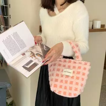 Осень-зима овечья шерсть вафельная милая ручная большая сумка женская портативная сумка большой емкости OneSize синий