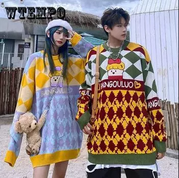 Осень-зима пара свитер с круглым вырезом кот жаккардовый ретро-стиль с длинными рукавами теплый пуловер мягкий свободный повседневный свитер 2XL