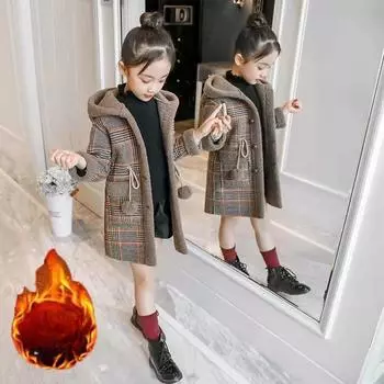 Осень-зима парка для девочек, шерстяная одежда, длинное шерстяное пальто для детей, верхняя одежда, сетчатый узор, теплая одежда с подкладкой 160 белый