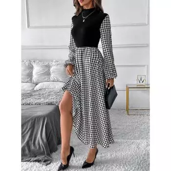 Осень зима Платье женское А-силуэта с рукавами-фонариками, винтажная лоскутная макси-платье в гусиную лапку, с воротником-стойкой, черное вечернее платье, женское S