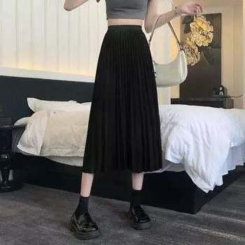 Осень-зима плиссированная юбка с эластичной высокой талией длиной до икры, повседневная свободная юбка, элегантная женская однотонная длинная юбка, женская одежда, уличная одежда L