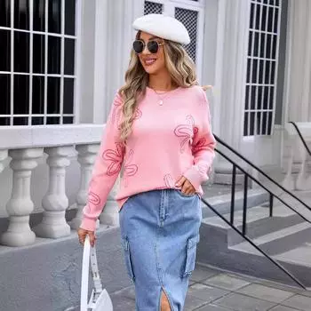 Осень-зима плюс размер цветочный длинный рукав с круглым вырезом вязаный свитер S белый