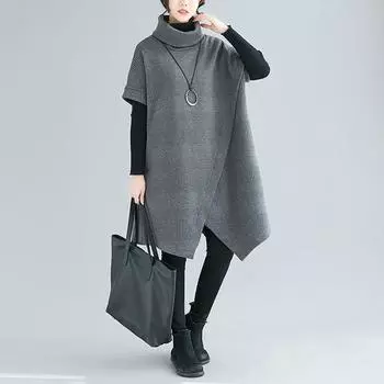 Осень-зима Плюс Размер Карманная Верхняя Одежда Женское Платье Утолщенный Однотонный Повседневный Высокий Воротник Короткий Рукав Нестандартные Платья XL чёрный