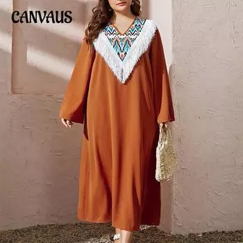 Осень-зима плюс размер кисточки принтованный пуловер темперамент повседневное свободное платье 0XL оранжевый