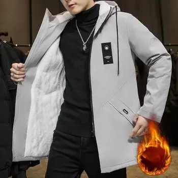 Осень-зима Плюс Утолщенная бархатная куртка средней длины с хлопковой подкладкой Мужская куртка большого размера с капюшоном с хлопковой подкладкой Универсальная теплая ветровка 4XL чёрный