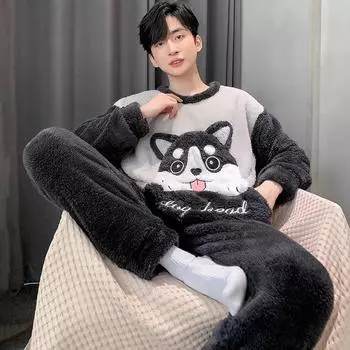 осень зима плюшевый теплый фланелевый пижамный комплект мужской утолщенный коралловый флис мультяшная пижама взрыв подростковая мужская домашняя одежда домашний костюм L