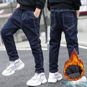 Осень-зима Подростковые узкие джинсы Однотонные брюки для мальчиков Длинные джинсовые брюки для детей Джинсы для мальчиков Детская одежда 160cm чёрный