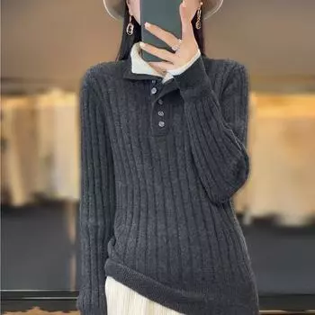 Осень-зима Похудение Женский Повседневный Отложной Воротник Пуловер Кашемировый Свитер Шерстяной Трикотаж Одежда Топы Двойной Воротник Свободный Покрой Пуловер XXL серый