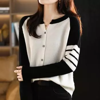 Осень-зима Полосатые рукава свитер кардиган женский круглый вырез цветные блоки свободный трикотажные свитера куртка топ One Size серый