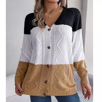 Осень/зима, полосатый свитер с длинными рукавами, куртка, повседневный кардиган контрастного цвета на пуговицах с v-образным вырезом, модный свободный свитер, пальто 29382 S армия зеленый