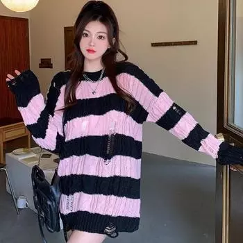 Осень-зима полосатый свитер женский с круглым вырезом повседневный свободный длинный рукав пуловер женский ажурный топы трикотаж трендовые свитера One Size