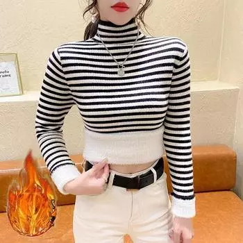 осень зима полосатый утолщенный бархатный свитер с высоким воротом модный теплый свитер женский вязаный пуловер тонкий y2k топы трикотаж джемпер One Size