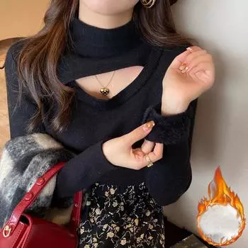 осень зима полуводолазка рубашка однотонные свитера женские сексуальные ажурные флисовые утолщенные облегающие вязаные свитера повседневные тонкие топы One Size чёрный