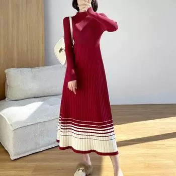 Осень-зима, полуводолазка, женское платье трапециевидной формы с длинным рукавом, женские платья-свитера, женские полосатые длинные вязаные платья, Vestidos M красный