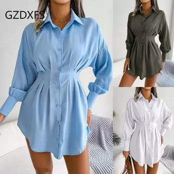 Осень/зима, повседневное платье-рубашка с рукавами-фонариками и заниженной талией, асимметричное платье-рубашка S синий