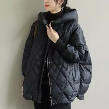 Осень-зима, повседневные пуховые пальто, женская модная свободная куртка с капюшоном, однотонная парка на белом утином пуху, уличная одежда M чёрный